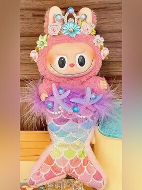 Plush Mermaid Labubu Outfit in Pastel Pink & Rainbow Scales - doll NOT included
